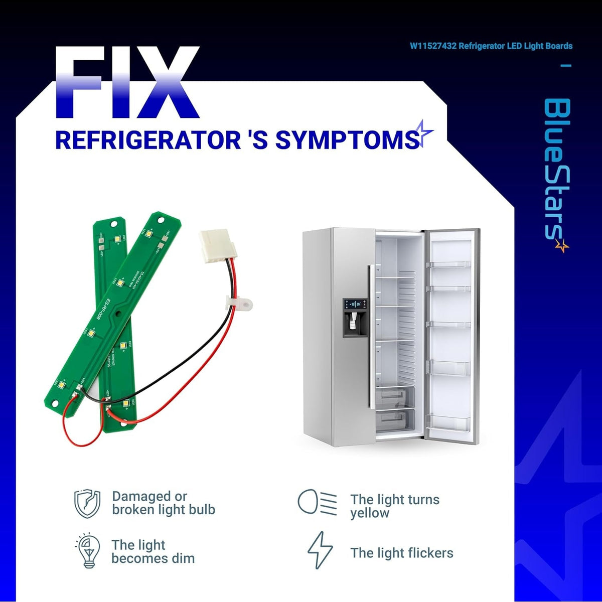 W11527432 Refrigerator LED light assembly replacement boards showing common repair symptoms for Whirlpool and Maytag fridges.
