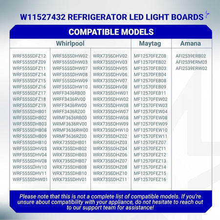 Compatibility chart for W11527432 refrigerator LED light assembly listing Whirlpool, Maytag, and Amana model numbers.