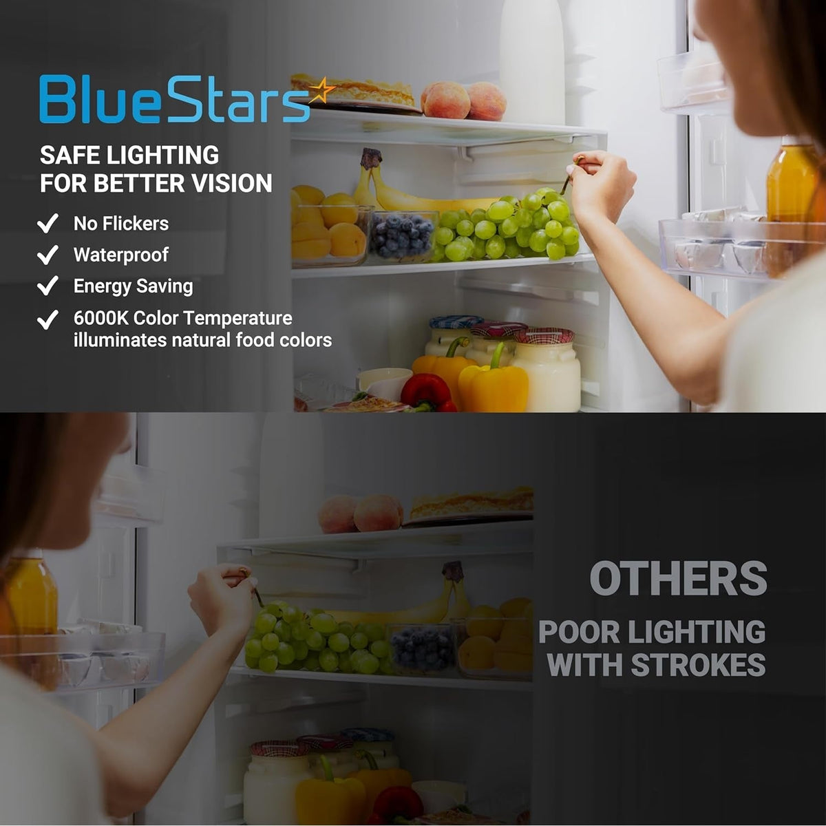 Comparison graphic showing W11527432 refrigerator LED light assembly benefits versus poor lighting quality.