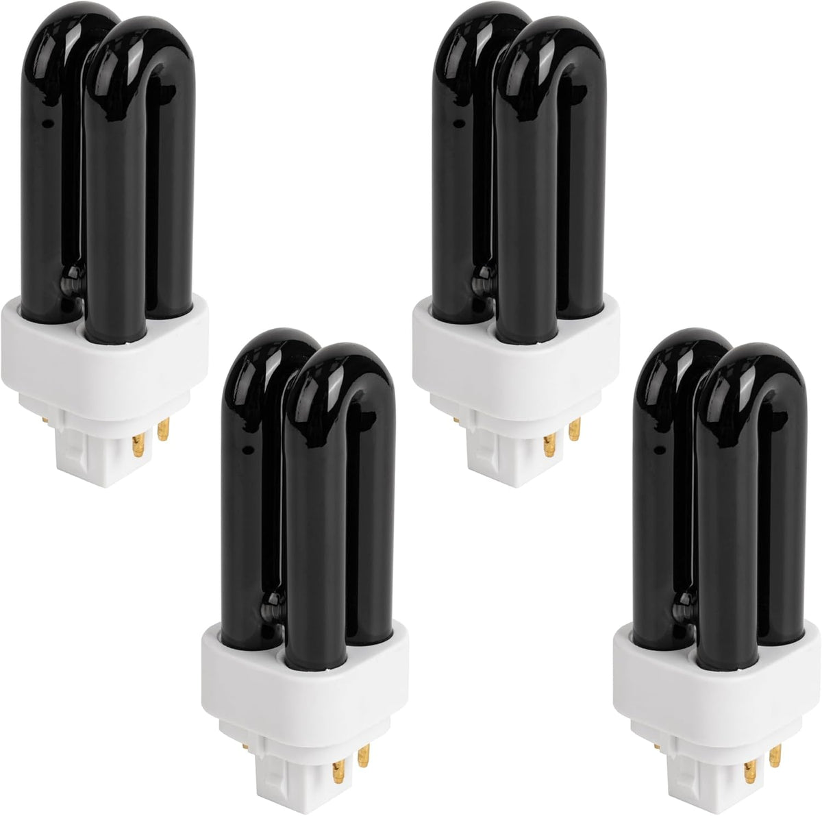 Set of four 7W 41050 UV light bulbs with black glass tubes and white plug-in bases.