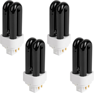 Set of four 7W 41050 UV light bulbs with black glass tubes and white plug-in bases.
