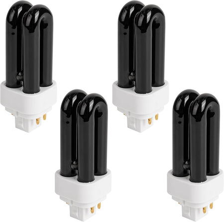 Set of four 7W 41050 UV light bulbs with black glass tubes and white plug-in bases.