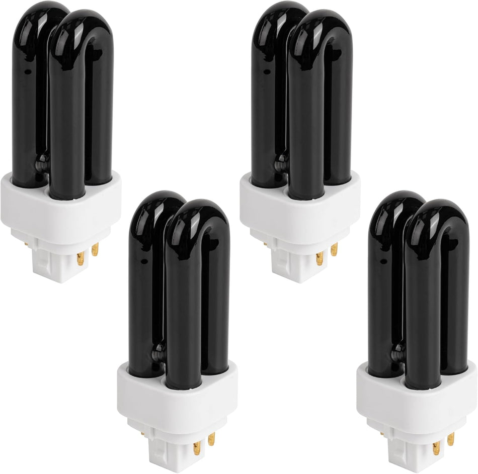 Set of four 7W 41050 UV light bulbs with black glass tubes and white plug-in bases.