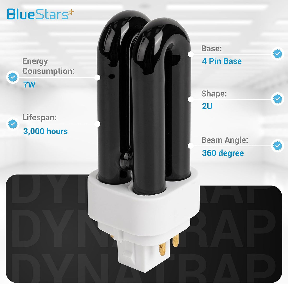 7W 41050 UV light bulb with 2U shape and 4-pin base, featuring technical specifications overlay.