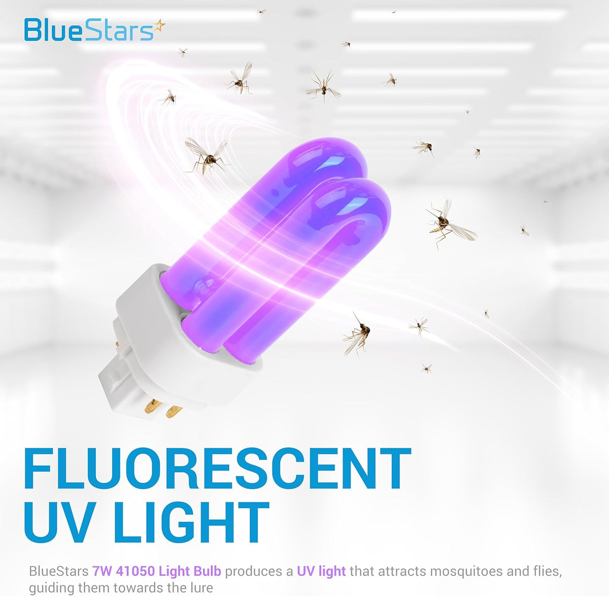 7W 41050 UV fluorescent light bulb glowing purple to attract mosquitoes and flies.