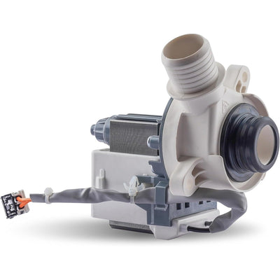 Replacement washer drain pump for GE and Hotpoint washing machines with attached wiring harness and connector.