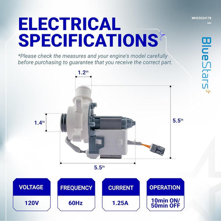 Electrical specifications diagram for WH23X24178 washer drain pump showing dimensions and technical ratings.