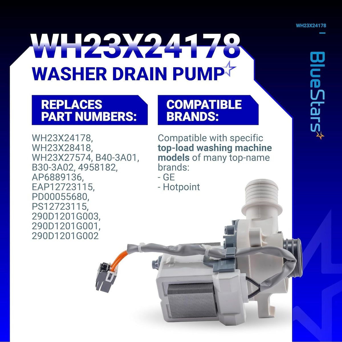 WH23X24178 washer drain pump for GE and Hotpoint washing machines with compatibility and part number information graphic.