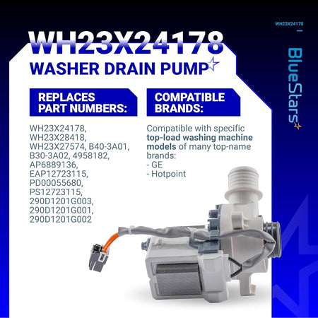 WH23X24178 washer drain pump for GE and Hotpoint washing machines with compatibility and part number information graphic.