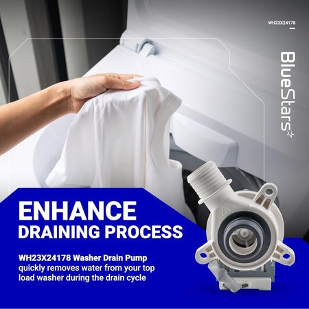 WH23X24178 washer drain pump replacement for GE and Hotpoint top load washing machines.