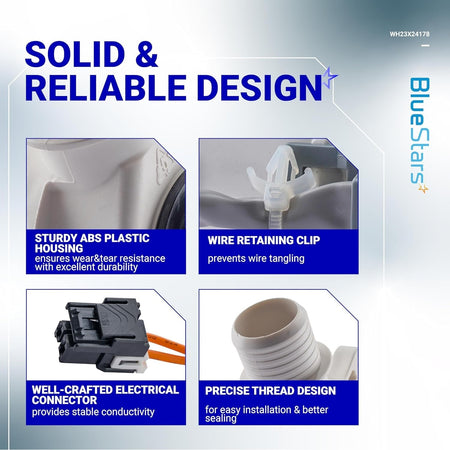 Infographic showing features of WH23X24178 washer drain pump including housing, wire clip, connector, and thread design.