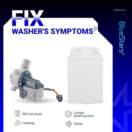 Washer drain pump WH23X28418 showing common repair symptoms for GE and Hotpoint washing machines.