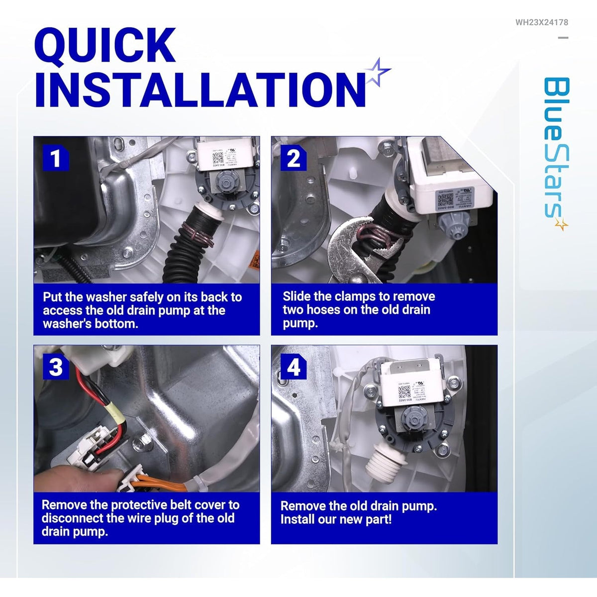 Quick installation guide for GE washer drain pump showing four steps to remove and replace the part.