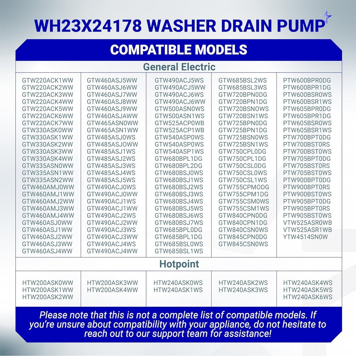 Compatibility chart for WH23X24178 washer drain pump listing GE and Hotpoint model numbers.