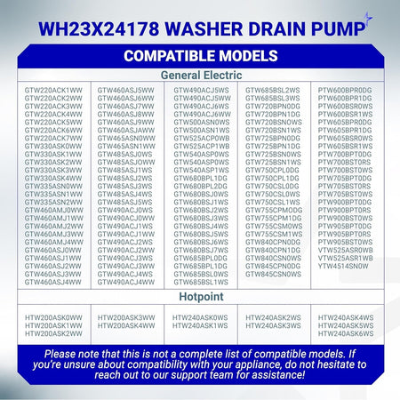 Compatibility chart for WH23X24178 washer drain pump listing GE and Hotpoint model numbers.
