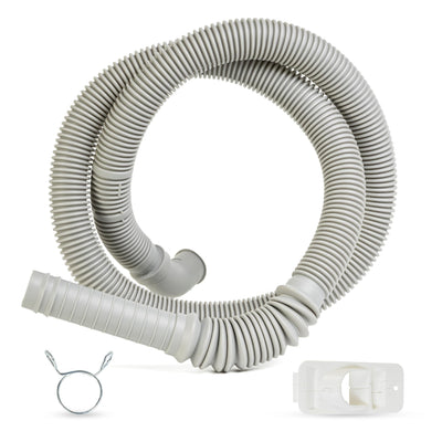 AEM73732901 gray corrugated washer drain hose with metal clamp and plastic support bracket for LG and Kenmore washers.