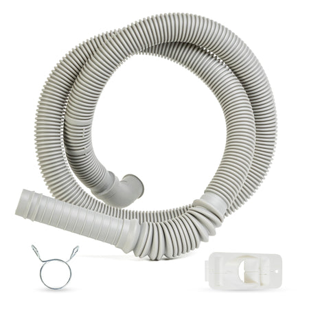 AEM73732901 gray corrugated washer drain hose with metal clamp and plastic support bracket for LG and Kenmore washers.