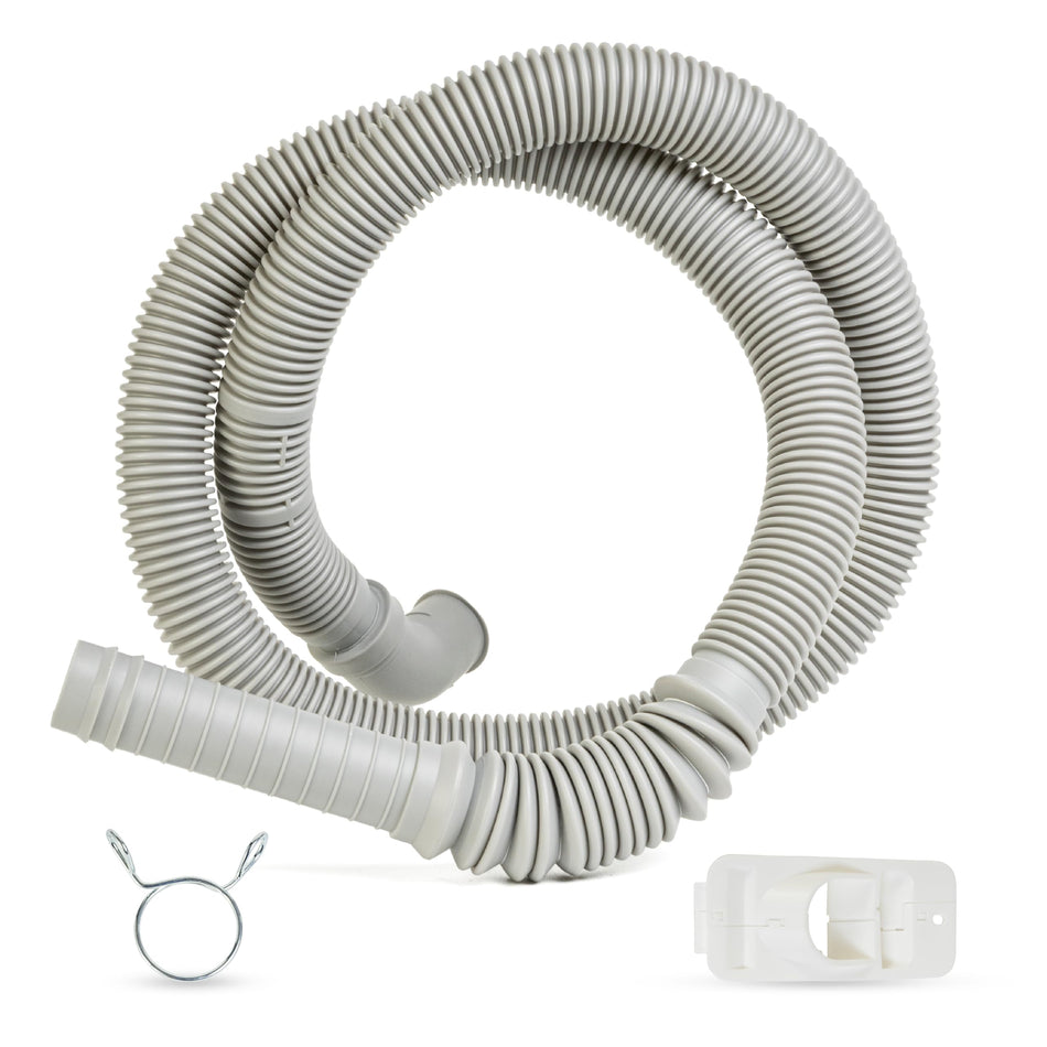 AEM73732901 gray corrugated washer drain hose with metal clamp and plastic support bracket for LG and Kenmore washers.