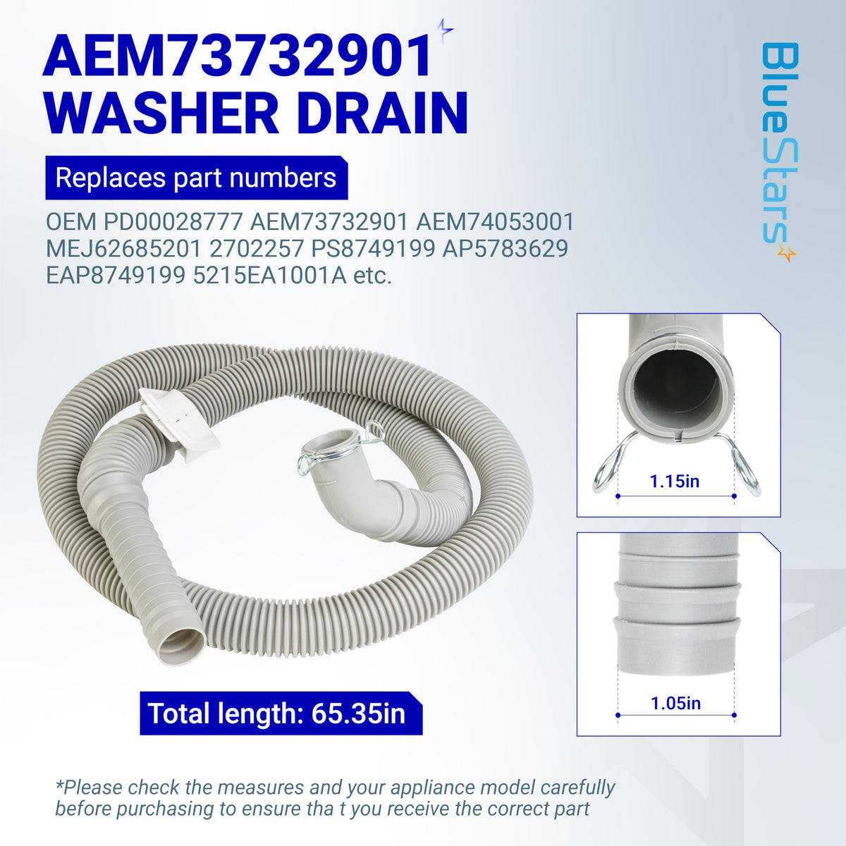 AEM73732901 washer drain hose with 65.35-inch length and connector measurements for LG and Kenmore washing machines.