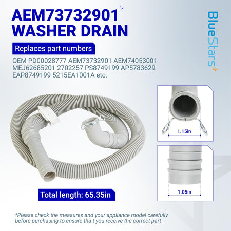 AEM73732901 washer drain hose with 65.35-inch length and connector measurements for LG and Kenmore washing machines.