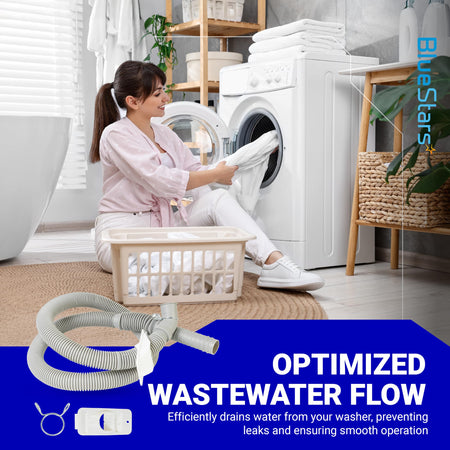 AEM73732901 washer drain hose with mounting hardware and lifestyle background image.