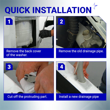 Four-step quick installation guide for replacing an LG and Kenmore washer drain hose.