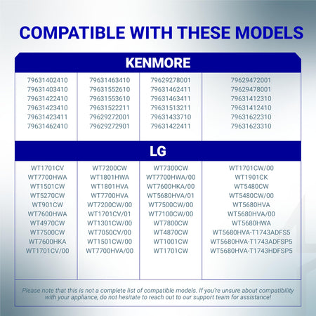 Compatibility chart for AEM73732901 washer drain hose listing compatible LG and Kenmore washing machine models.