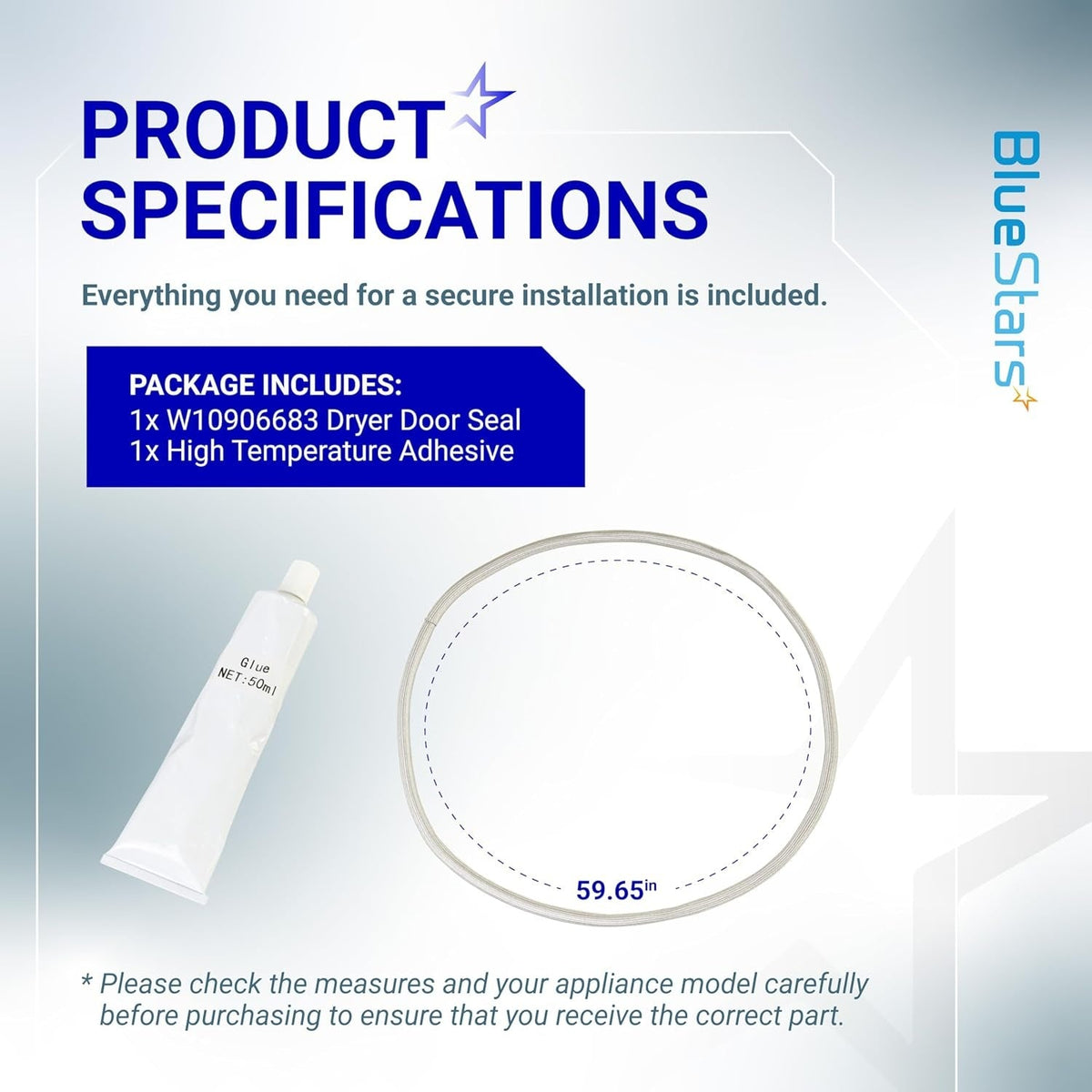 W10861521 dryer door seal and high-temperature adhesive kit specifications showing 59.65-inch seal length.