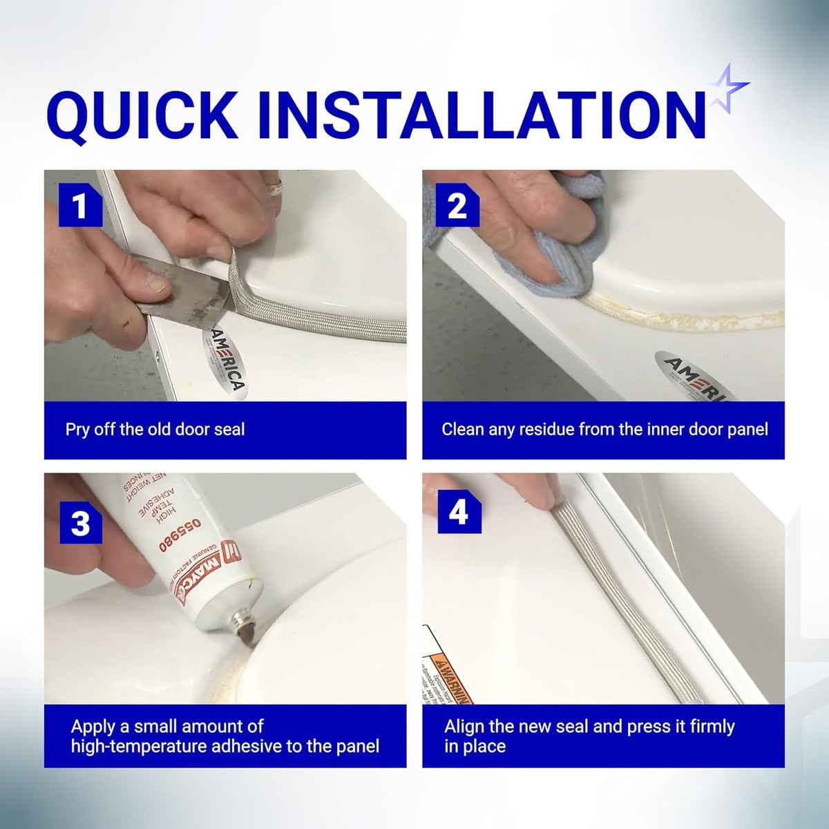 Four-step installation guide for W10861521 dryer door seal, showing removal, cleaning, gluing, and applying the seal.
