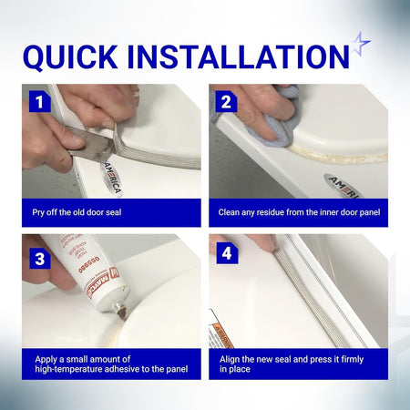 Four-step installation guide for W10861521 dryer door seal, showing removal, cleaning, gluing, and applying the seal.