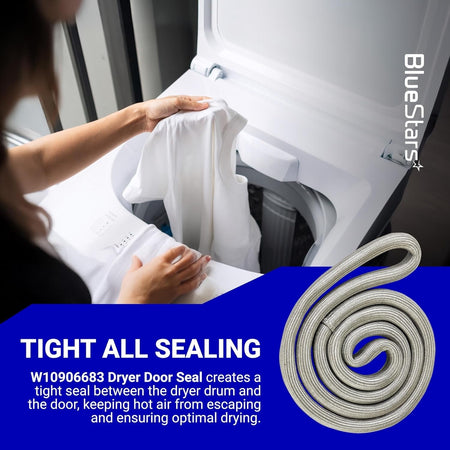 Coiled W10861521 replacement dryer door seal for Maytag, Kenmore, and Amana dryers.