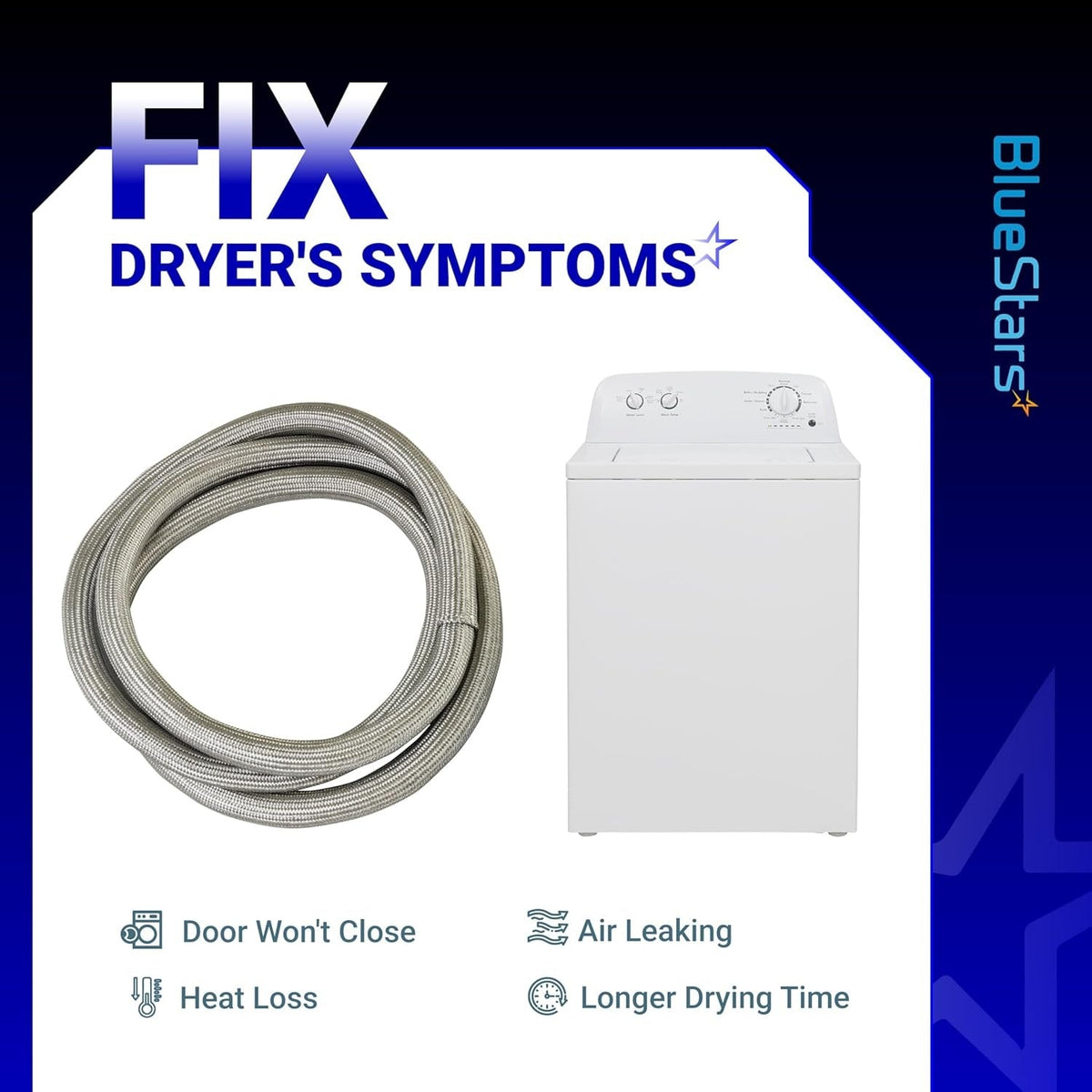 W10861521 dryer door seal replacement infographic showing symptoms of a faulty seal like air leaking and heat loss.