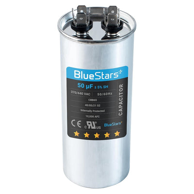 BlueStars 50 uF 370/440 VAC CBB65 round motor run capacitor with terminal connectors.