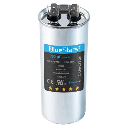 BlueStars 50 uF 370/440 VAC CBB65 round motor run capacitor with terminal connectors.