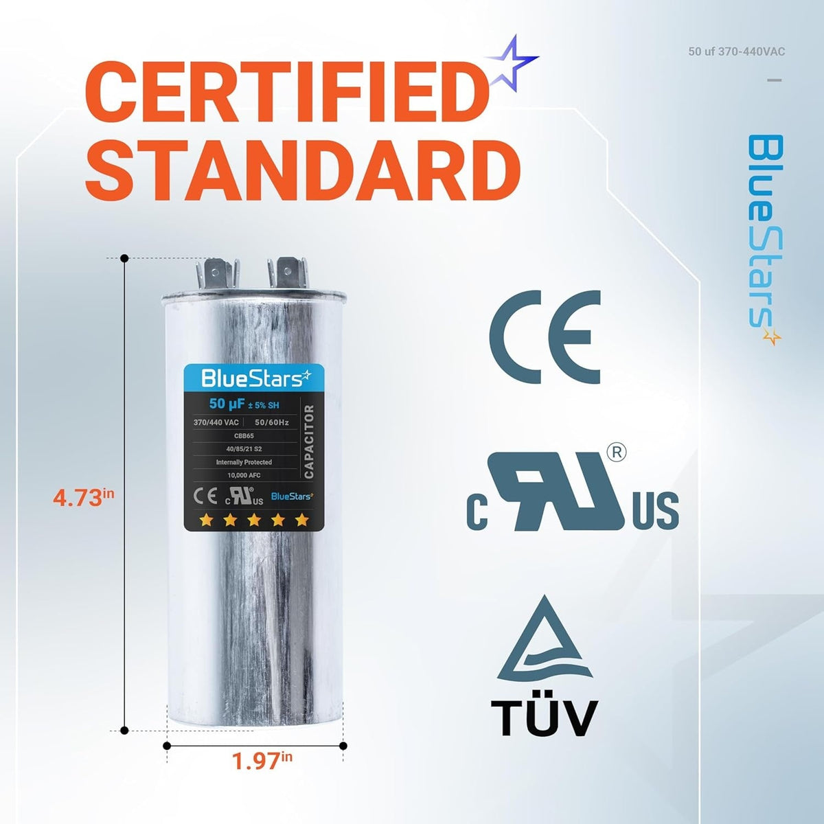 BlueStars 50 uF 370/440 VAC CBB65 round motor run capacitor with dimensions and certification labels.