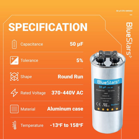 Specification chart for 50 uF 370/440 VAC CBB65 round motor run capacitor with technical details.
