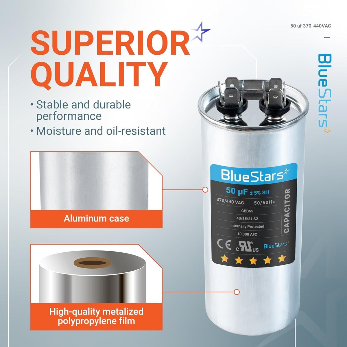 BlueStars 50 uF 370/440 VAC CBB65 motor run capacitor with aluminum case and metalized polypropylene film details.