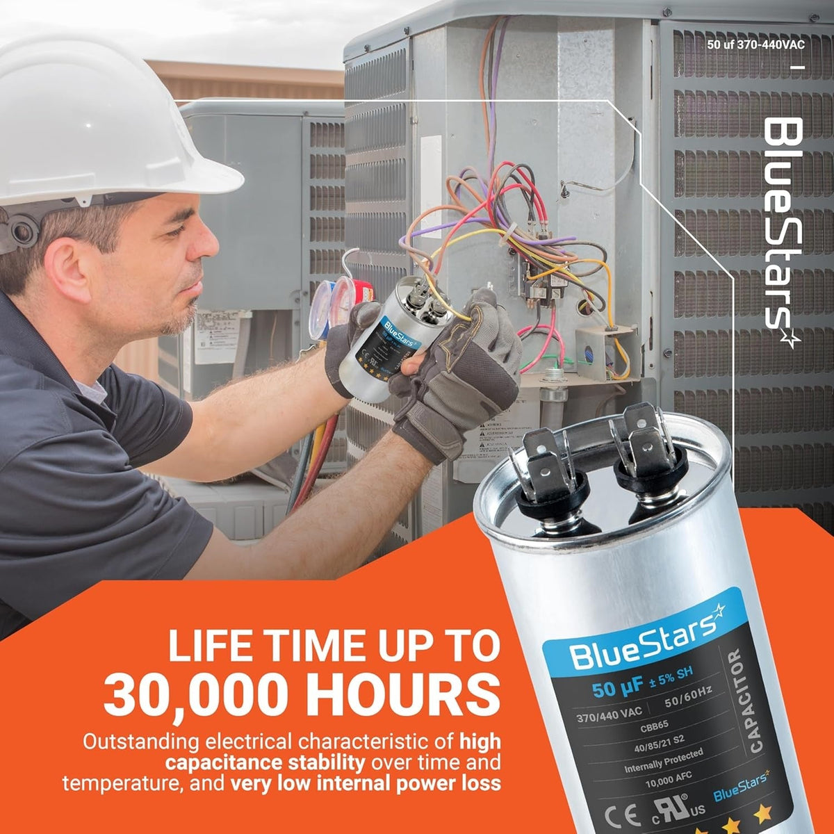 Technician installing a 50 uF 370/440 VAC CBB65 round motor run capacitor in an HVAC unit.