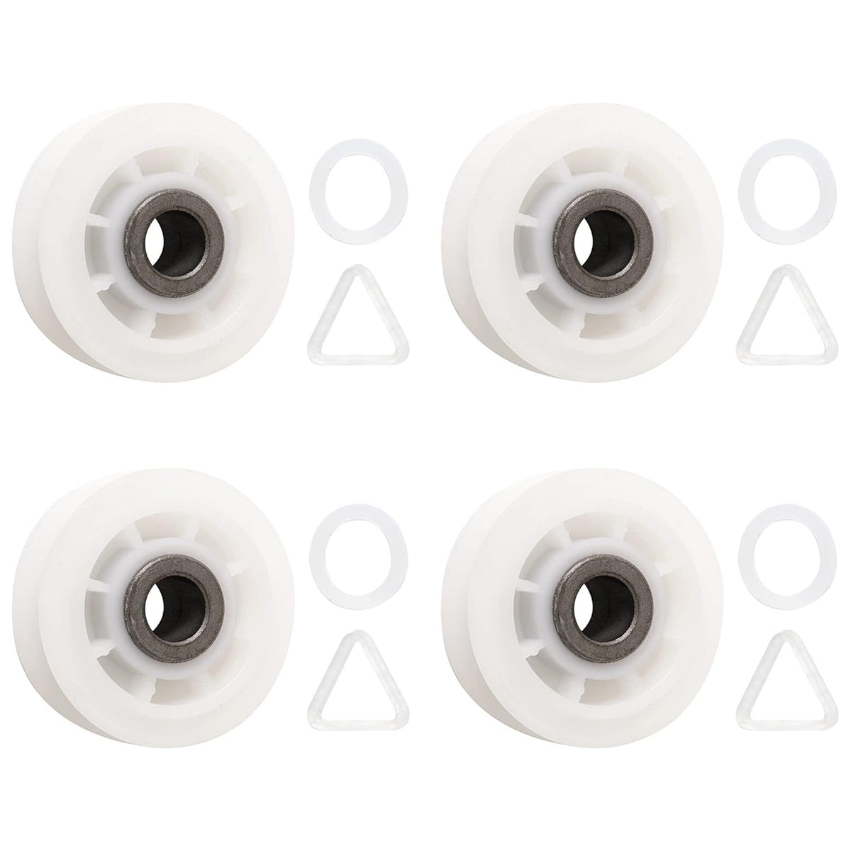 Pack of four 279640 dryer idler pulleys with washers and triangular clips for Whirlpool, Kenmore, and Maytag dryers.