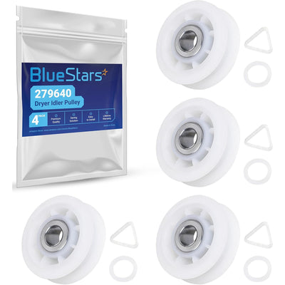 279640 Dryer Idler Pulley package with four white pulleys, rings, and triangular clips