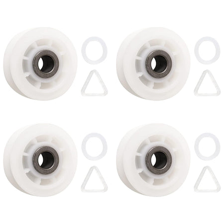 Pack of four 279640 dryer idler pulleys with washers and triangular clips for Whirlpool, Kenmore, and Maytag dryers.