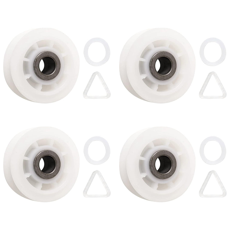 Pack of four 279640 dryer idler pulleys with washers and triangular clips for Whirlpool, Kenmore, and Maytag dryers.