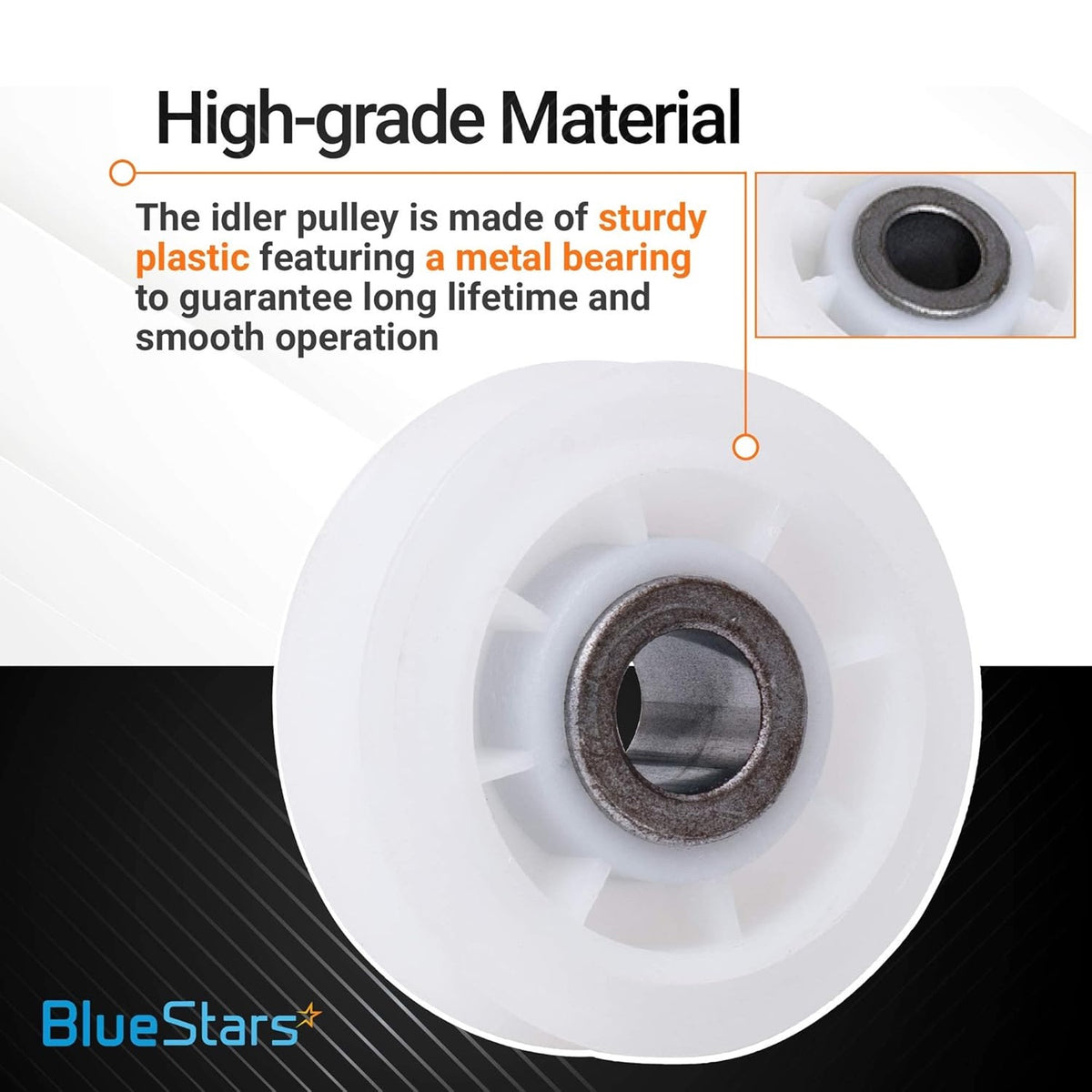 Close-up of dryer idler pulley showing durable plastic construction and metal bearing for Whirlpool and Kenmore dryers.