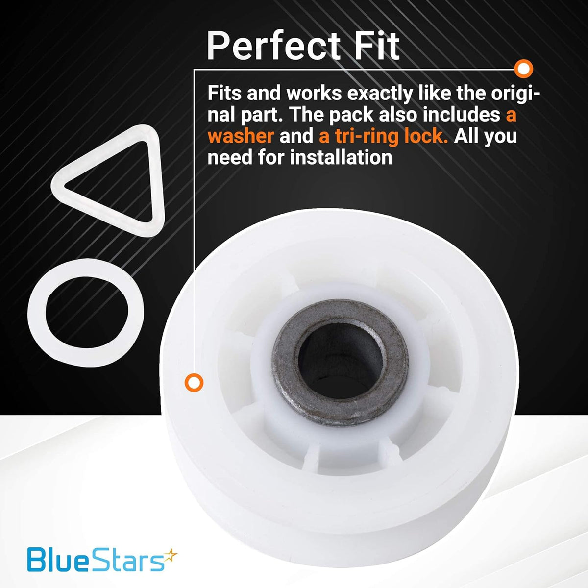 Dryer idler pulley replacement with included washer and tri-ring lock for Whirlpool, Kenmore, and Maytag dryers.