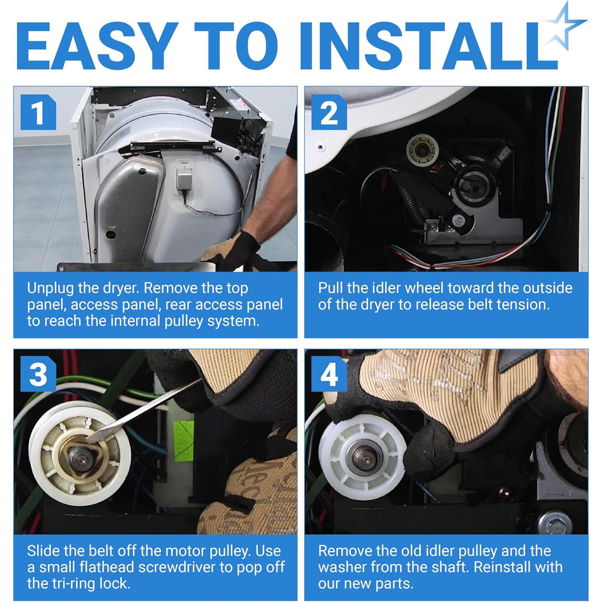 279640 Dryer Idler Pulley Replacement shows four-step guide for accessing the dryer and removing the old pulley