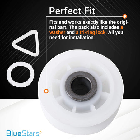 Dryer idler pulley replacement with included washer and tri-ring lock for Whirlpool, Kenmore, and Maytag dryers.