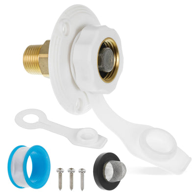 RV brass city water inlet with check valve, dust plug, mounting screws, and filter screen.