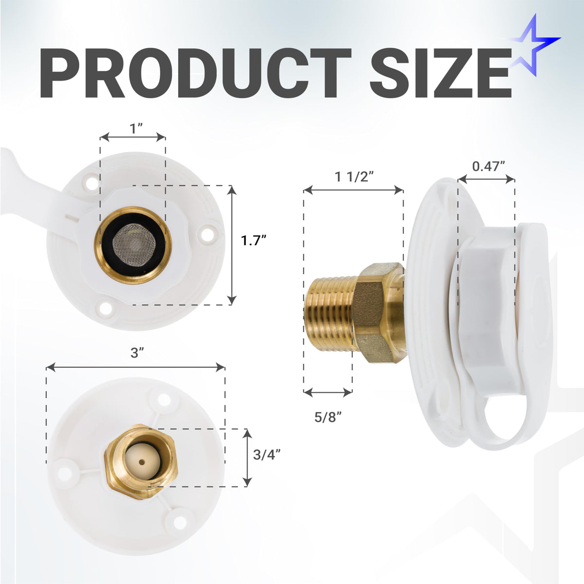 Dimensional diagram of RV city water inlet with brass check valve showing measurements in inches.
