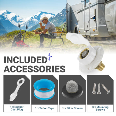 RV city water inlet with brass check valve and included accessories like dust plug, Teflon tape, filter, and screws.