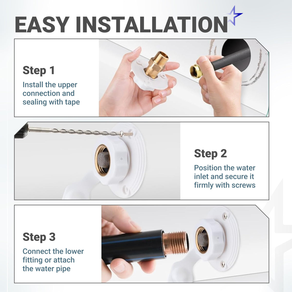 Three-step installation guide for RV city water inlet with brass check valve and pipe connections.